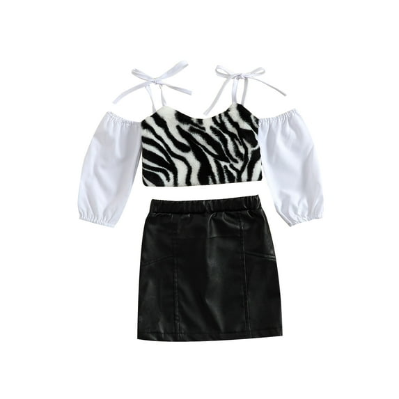Gureui Kids Baby Girls Skirt Suit, Tie-up Straps Off-the-shoulder Pullover + Leather Skirt 2Pcs Clothes Set