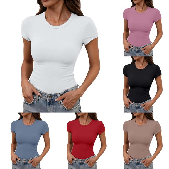 Tanghaowl Womens T Shirts, Fashion Casual Slim Fit Short Sleeve Crew Neck T Shirt Basic Stretchy Soft Comfortable Daily Wear For Ladies Versatile Wardrobe Tee White XS