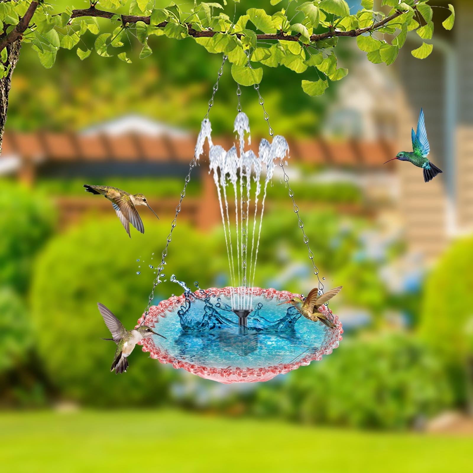 Gmogad Solar Powered Floating Birdbath With Hanging Bird Feeder Garden Patio Yard Water Spray Fountain Multi Nozzle Style Outdoor Relaxing Nature Scenery Attraction Backyard Bird Watching