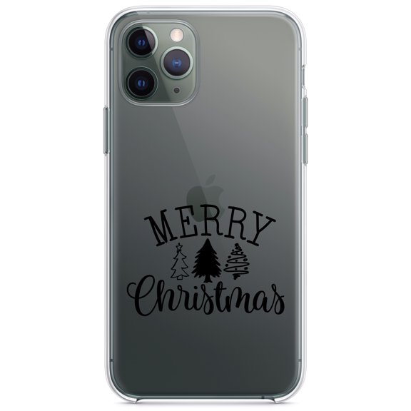 DistinctInk Clear Shockproof Hybrid Case for iPhone 13 PRO (6.1" Screen) - TPU Bumper Acrylic Back Tempered Glass Screen Protector - Merry Christmas Doodle Trees