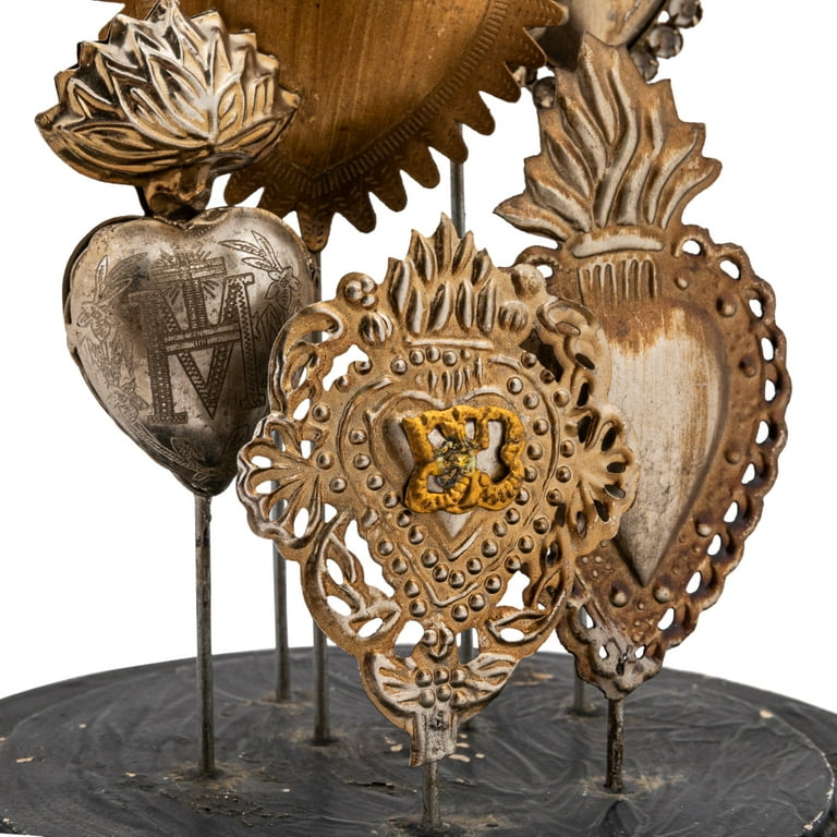 Creative Co-Op Decorative Tin Sacred Hearts on Wood Pedestal with