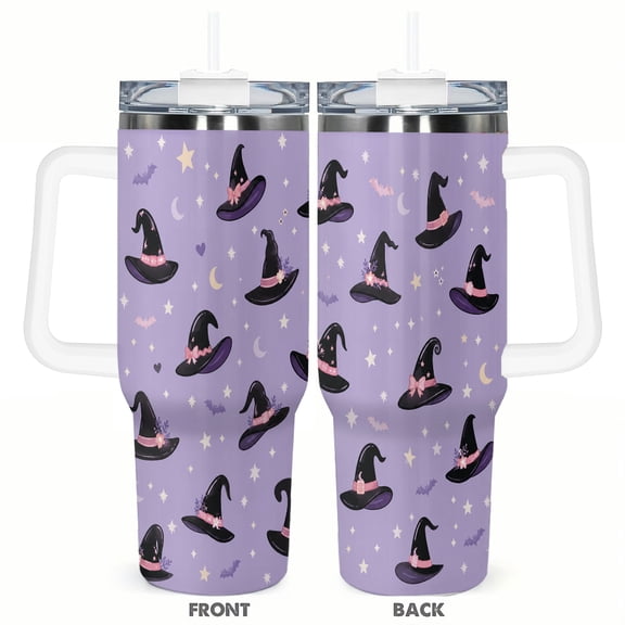 Halloween Witch Hat 40oz Car Tumbler Insulated Travel Cup with Handle and Straw Purple Spooky Floral Stainless Steel Vacuum Coffee Cup Gift for Her