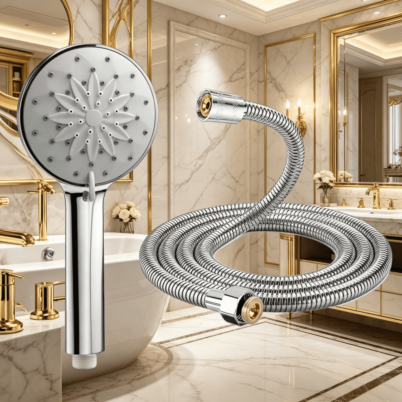 6 Spray Modes Handheld Shower Head, ABS Chrome Finish with 59 Inch Stainless Steel Hose & 360° Adjustable Bracket, G1/2 Universal Connector