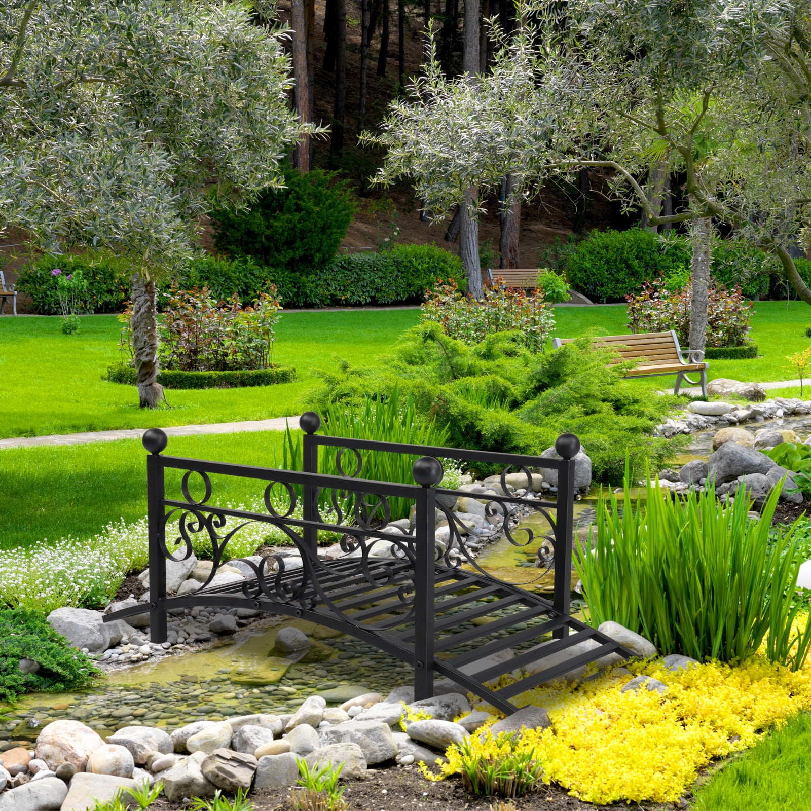 Garden With Round Iron Ball Flat Top Handrail Garden Iron Bridge Black