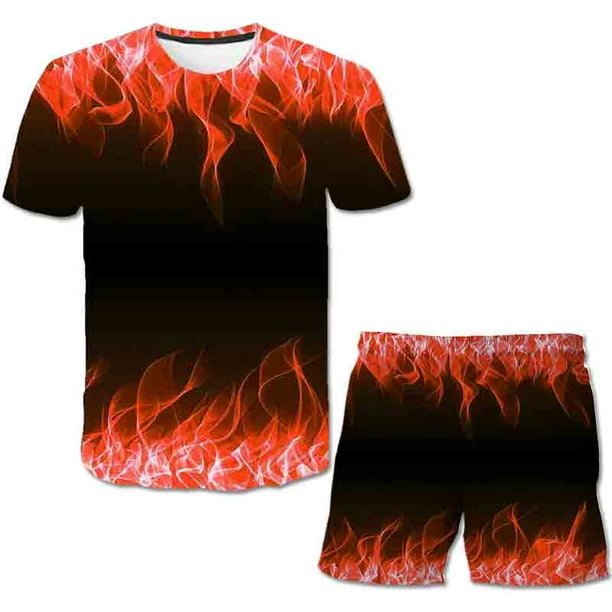 2021 3D The Flame Whirlpool, conjuntos de ropa de poliéster para niños, gran oferta de verano, camiseta, conjunto de pantalones cortos, ropa para niños de 4 a 14 años, 10T Gao Jinjia LED