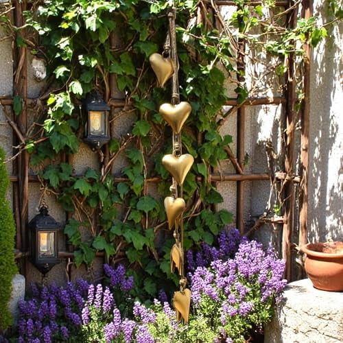 Decorative Hanging Cow Bells – 45” Metal Wind Chime with 6 Heart-Shap Bells on Rope - Vintage Farmhouse Boho Bell Garland for Christmas, Home, Porch, Entryway, Garden & Fireplace (Gold Heart)