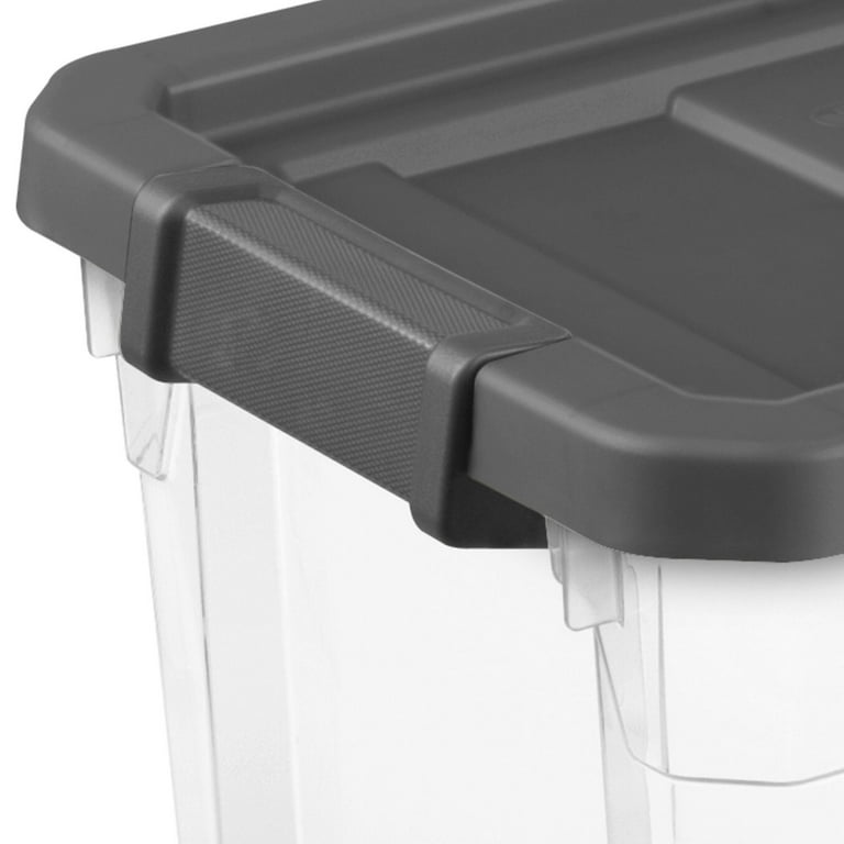  Sterilite 30 Quart Plastic Stacker Box, Lidded Storage Bin  Container for Home and Garage Organizing, Shoes, Tools, Clear Base & Gray  Lid, 1-Pack