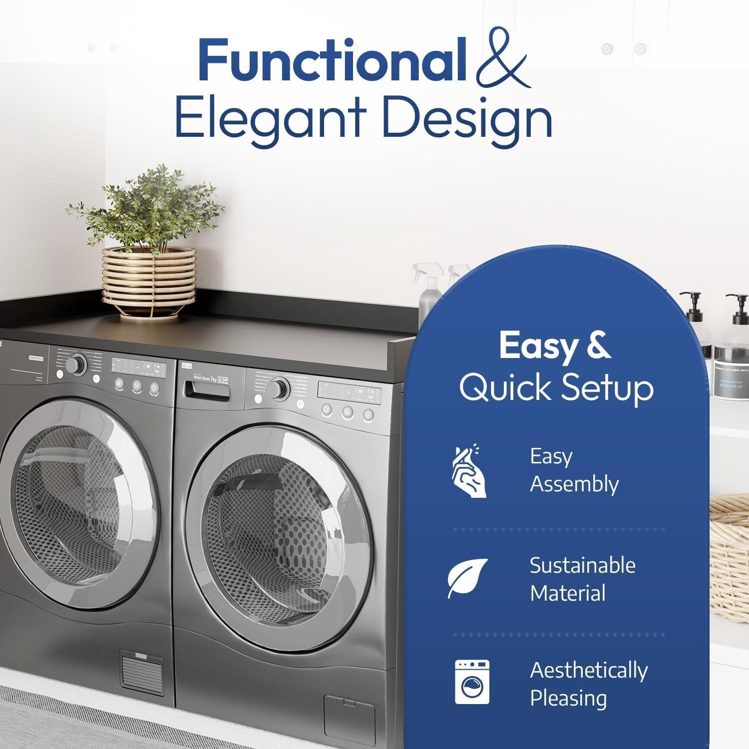 OfficeSimpli Washer Dryer Countertop w Non-Slip Pads, Made in USA, Laundry Room Wood Topper, Washer Dryer Cover for Top, Laundry Guard, Laundry Countertop, Laminate Finish, (Black), Large