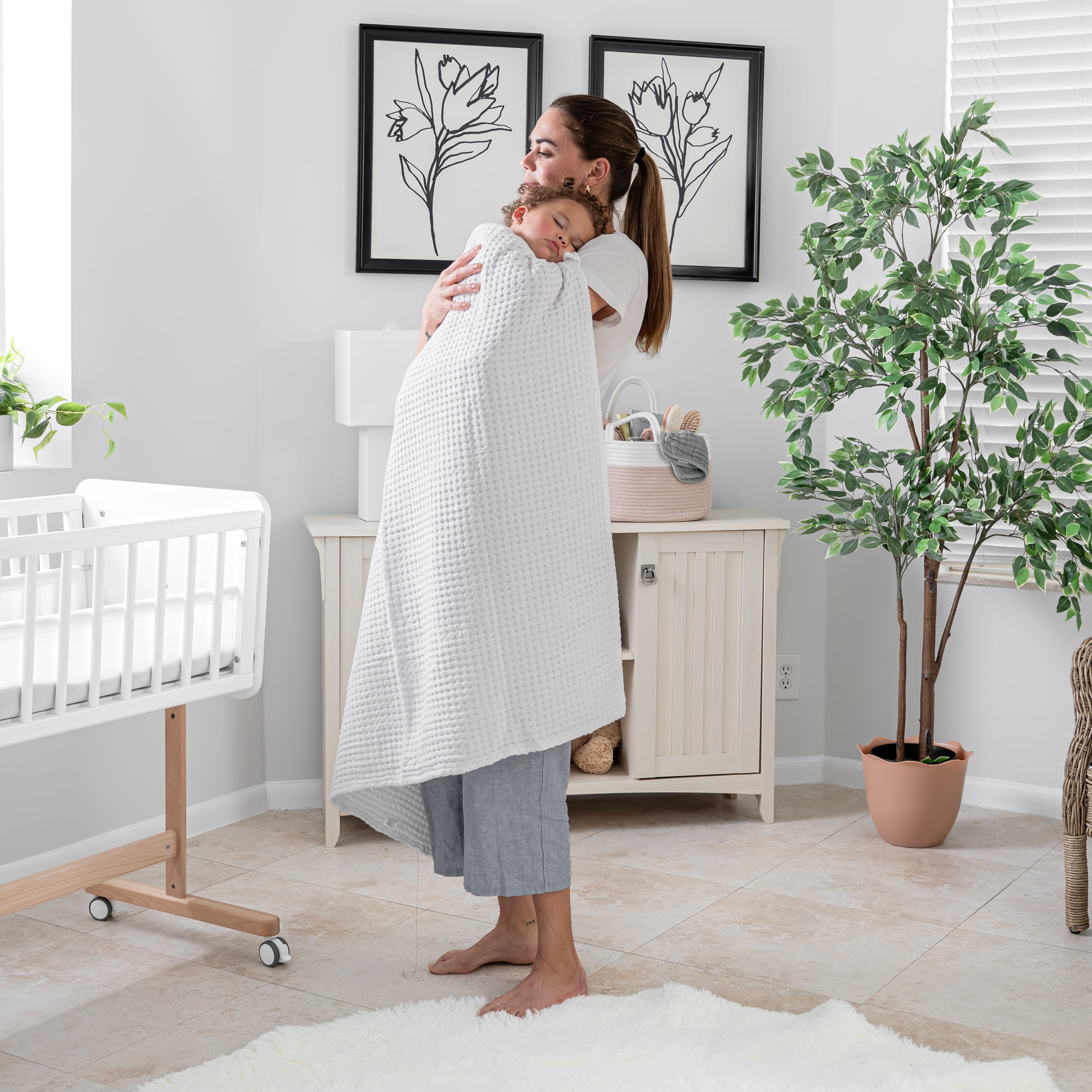 Comfy Cubs Waffle Weave Blanket - 40” x 40” - 100% Cotton Soft, Lightweight Baby Blanket, White