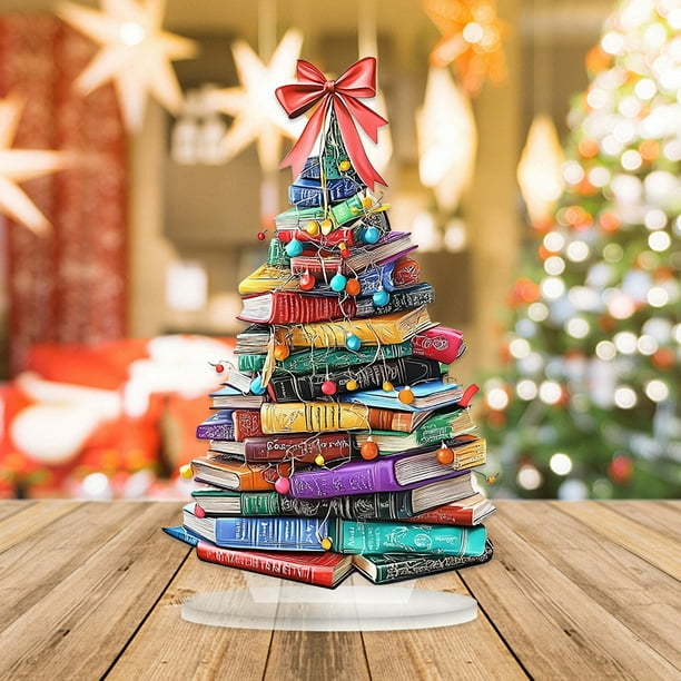 Árbol de Navidad acrílico con temática de libros | Regalo inspirador para amantes de los libros | Adorno de mesa navideño colorido | Dos tamaños para una presentación festiva