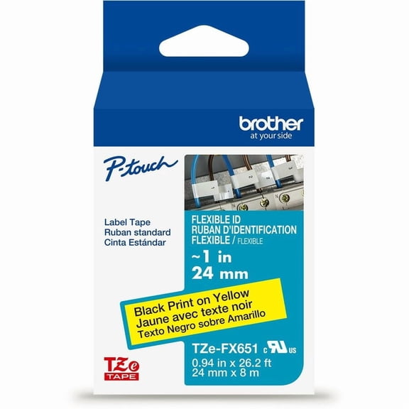 Brother Genuine P-touch TZeFX651 BK on YL Label Tape, Flexible ID Laminated, 24mmX8m