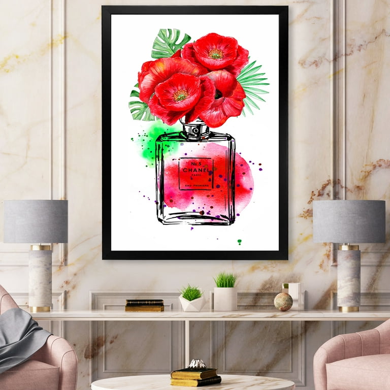 Designart 'Perfume Chanel Five With Red Flowers' Modern Framed Art Print