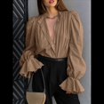 thumbnail image 4 of Blusa para Mujer, Color Amarillo Paja, Color Liso, con Puños Fruncidos y Cuello en V, Ropa de Moda para Otoño e Invierno. Caqui M, 4 of 5