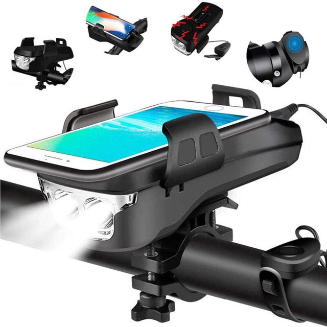 Soportes Para Teléfono De Bicicleta 4 En 1, Soporte Para Teléfono Con Campana De Bocina Y Faro Led (Negro) Kearding OD004550-00