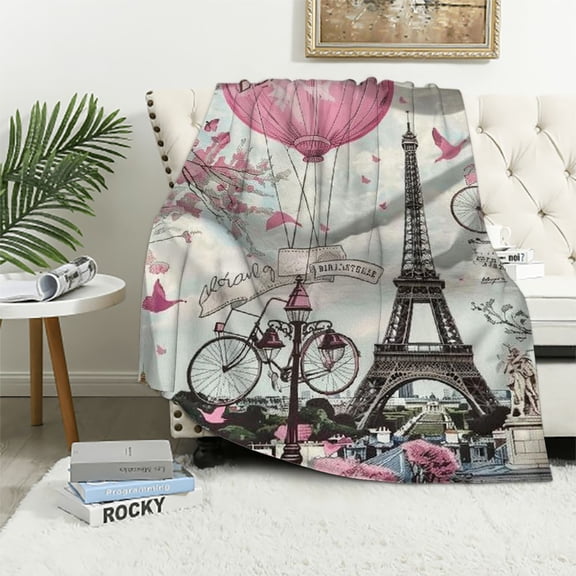 Paris Romantic Pink Blanket, Soft Blankets Flannel Bed Throw Cozy Lightweight Plush Gifts for Women Girls Sofa Couch Bedroom Living Rooms Warm All Season, Home Decor, Small