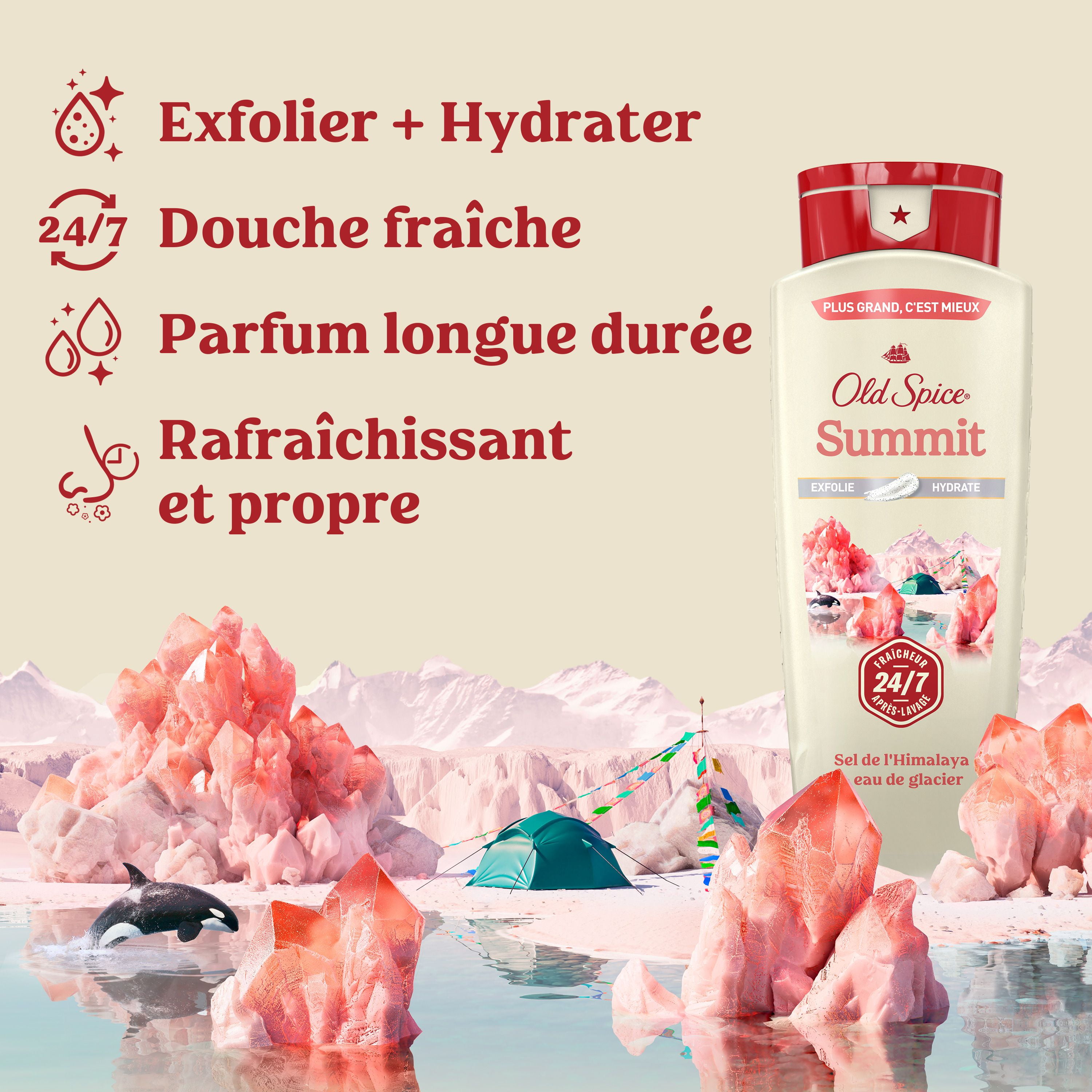 Nettoyant pour le corps pour hommes Old Spice, parfum Summit, fraîcheur après-lavage 24 heures sur 24, 7 jours sur 7, exfoliation + hydratation 532ML