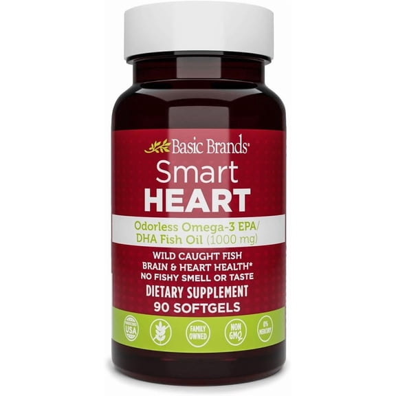 Basic Brands SMART HEART Odorless Omega-3 Fish Oil 1000mg for Heart Health, 90 Count – No Fishy Aftertaste