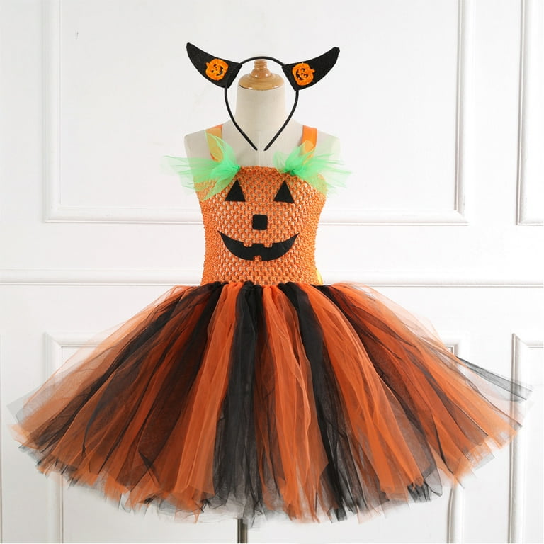YJ.GWL Kids Baby Girls Halloween Pumpkin Princess Dress Mesh Tutu