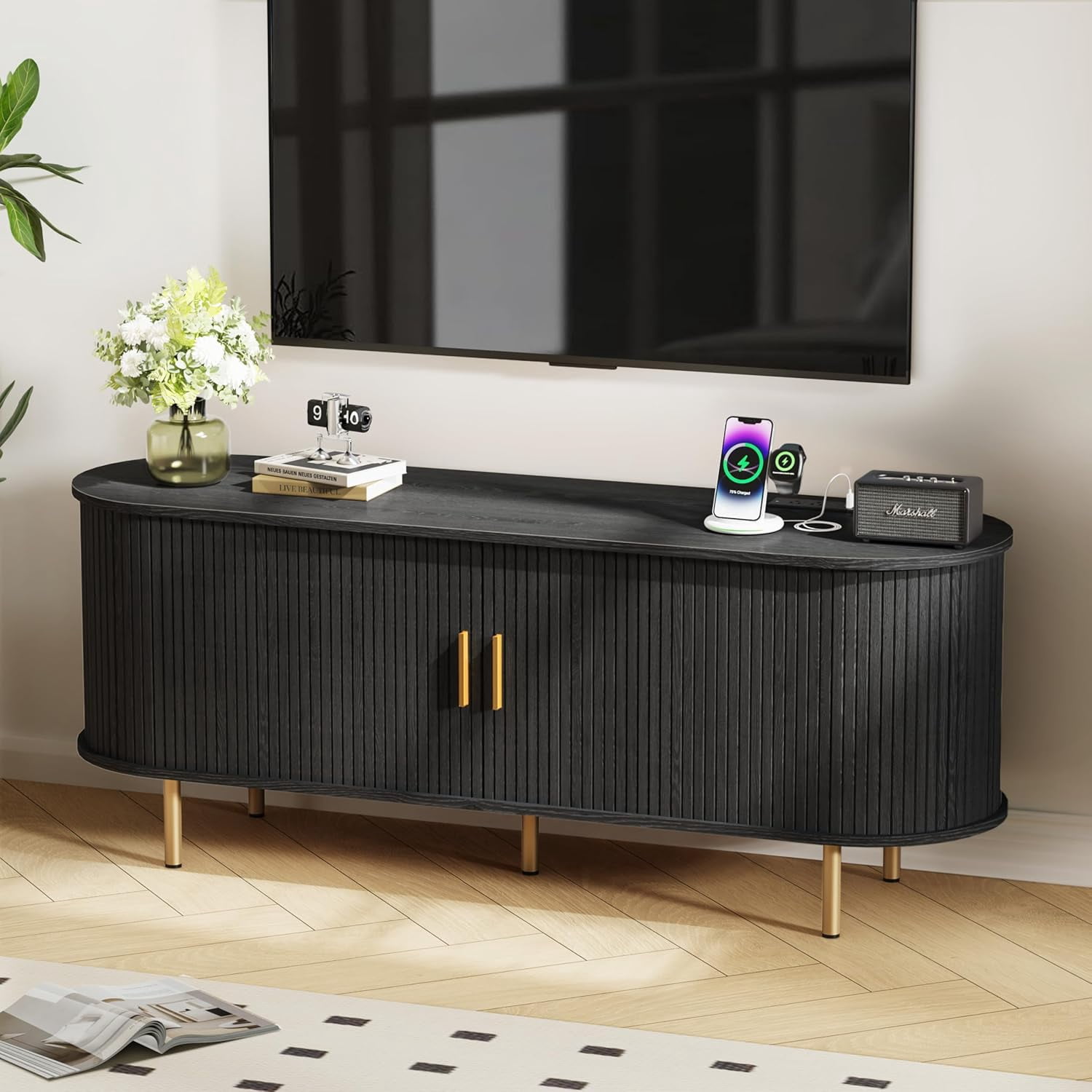 TV Stand with Power Outlet for TVs up to 60 Inch, Modern Entertainment Center with Storage, Adjustable Shelves & Sliding Doors, Media Console for Living Room Bedroom (Black, 55 Inch)