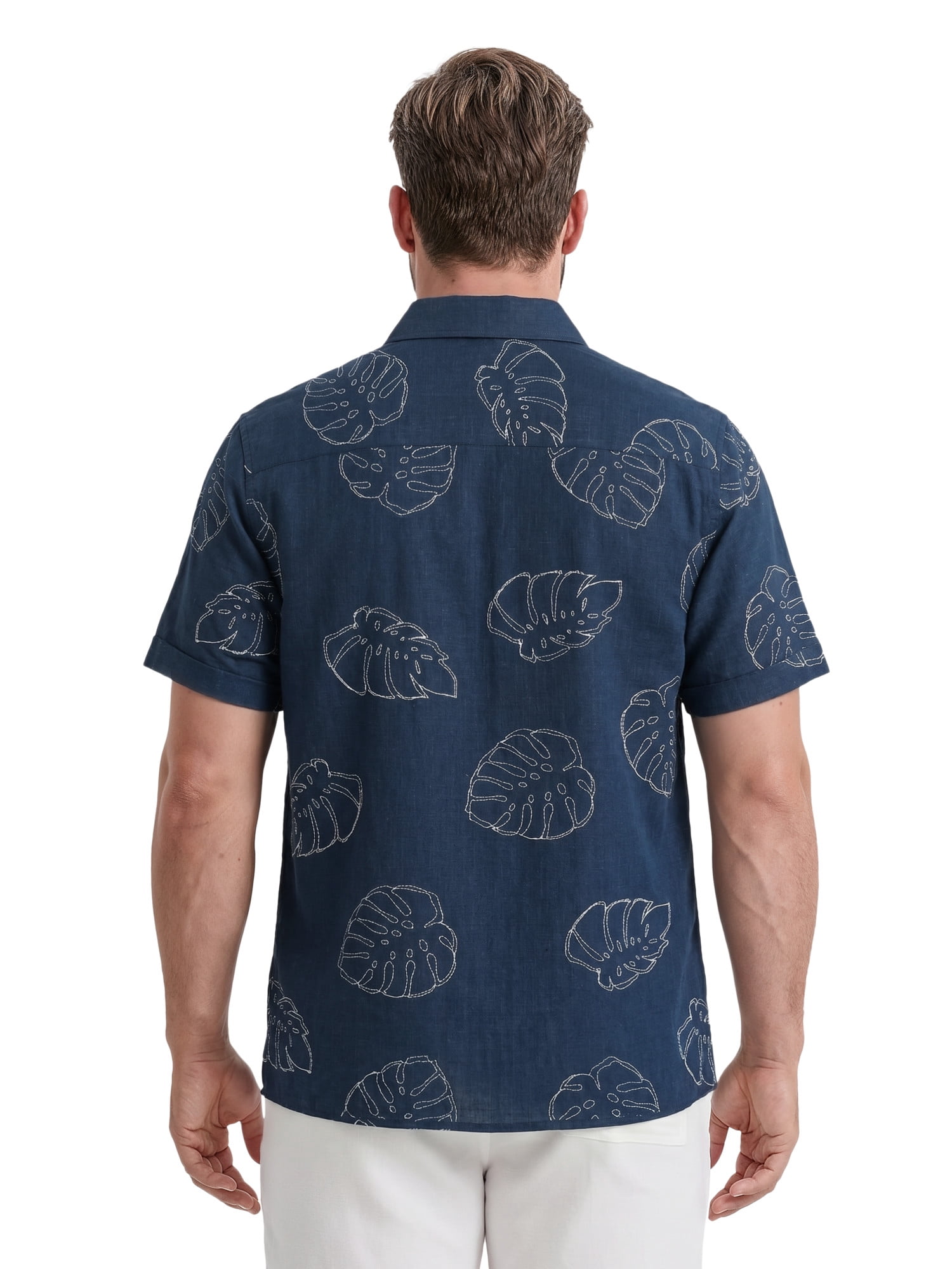 Cafe Luna Men’s and Big Men’s Embroidery-Look Allover Print Linen-Cotton Short Sleeve Button-Down Shirt, S-5XL