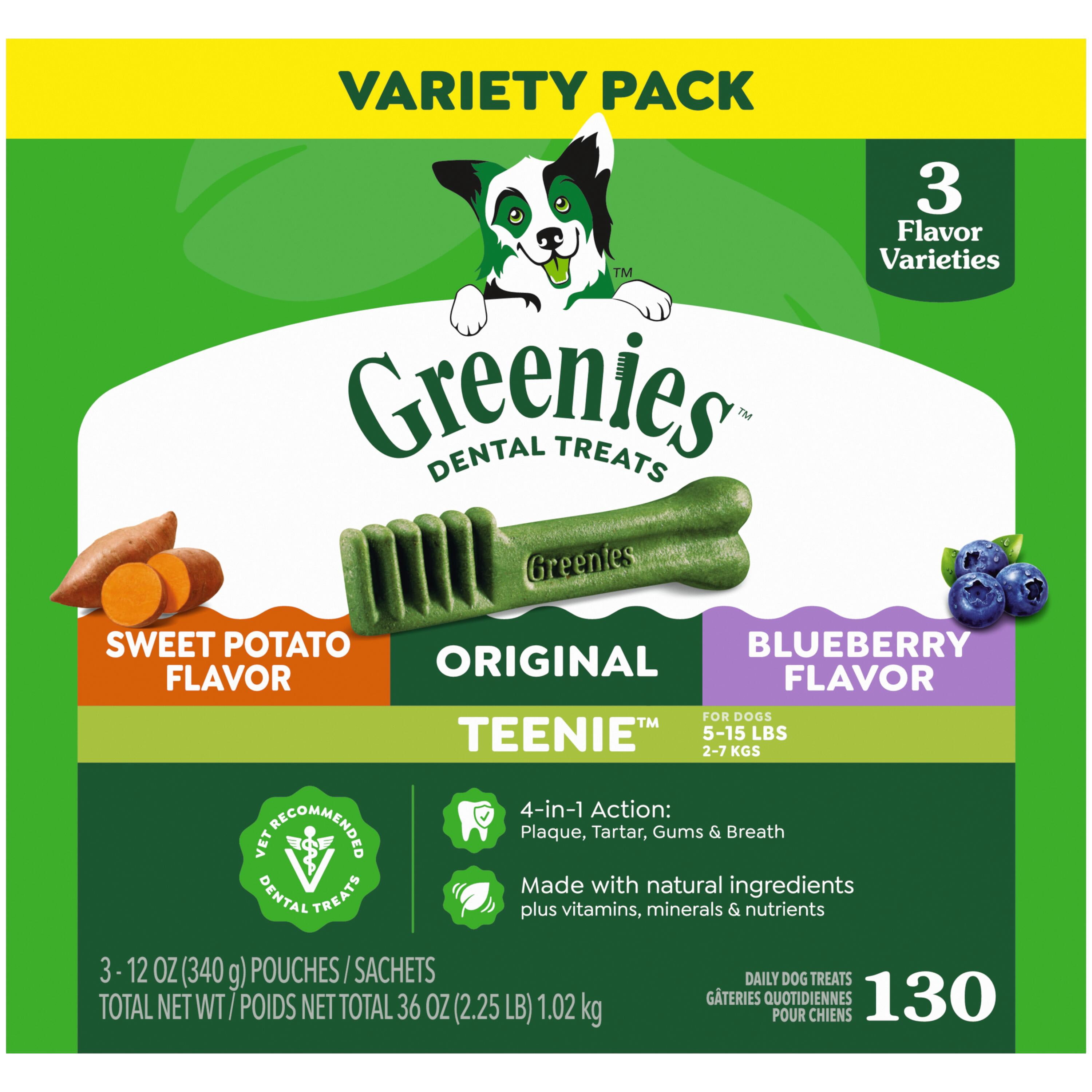 Greenies Adult Natural Dental Dog Treats 3 Flavors, Teenie Size, (3) 12 Oz Packs (130 Count)