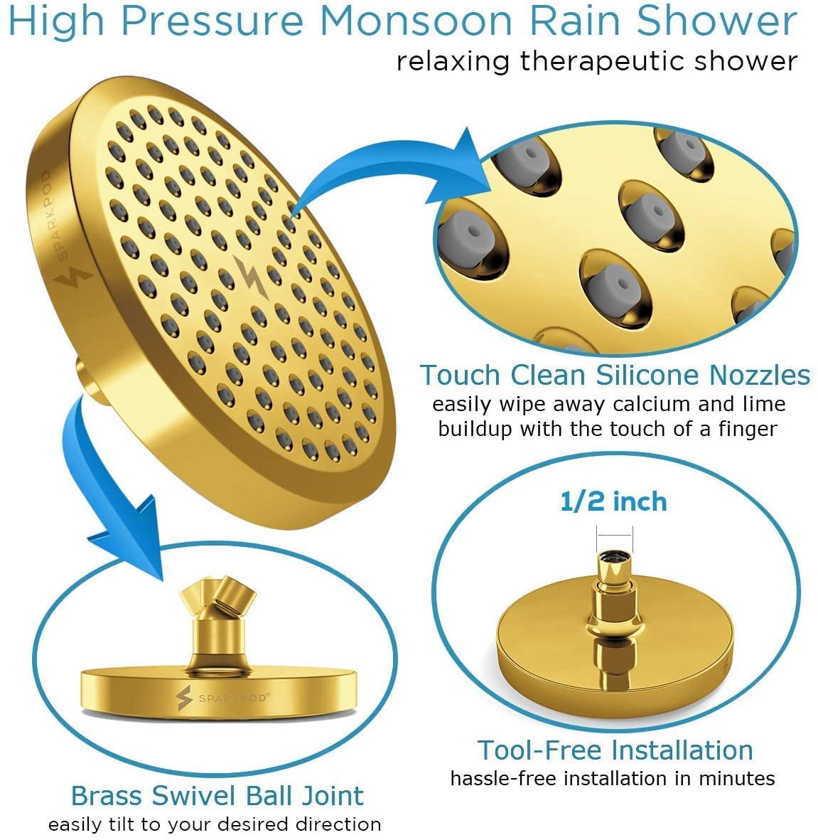 SparkPod High Pressure Rainfall Shower Head, Easy Install, Energy Saving (6 inch Round, Gold)