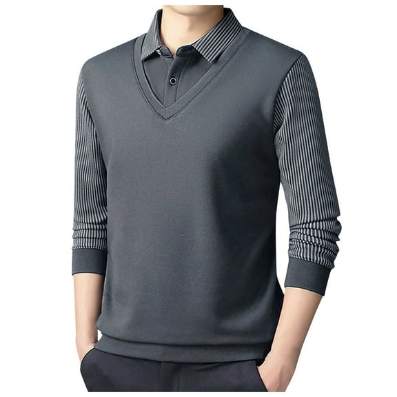 GBSYEWXS Men Pullover Sweaters Long Sleeve Pullover Daily Wear Striped Print Base Grey Collared Sweater