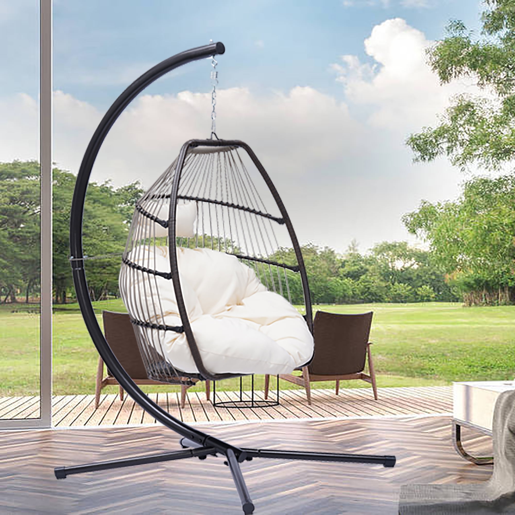 SEGMART Outdoor Egg Chair, Swing Hanging Egg Chair with Stand, Wicker Swing Chair w/ Seat and