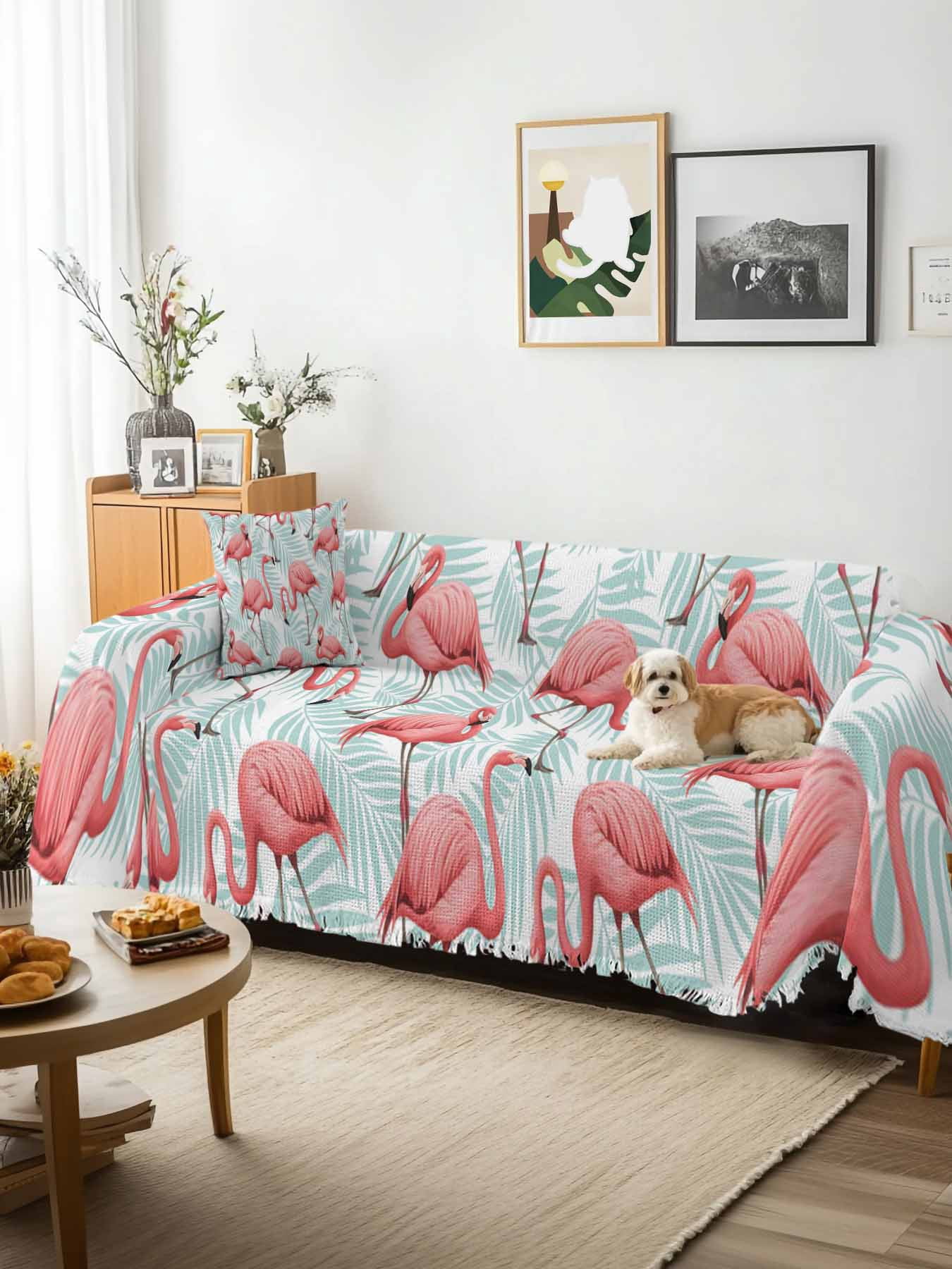 Pink Flamingo Couch Cover, Blue Summer Tropical Plants Leaves Sofa Cover Blanket for Loveseat Couches, Sectional Sofa Slipcover Furniture Protector for Living Room Bedroom 71''x118''