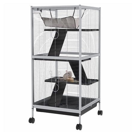 45" Ferret Cage, Chinchilla Habitat, Rolling Small Animal Cage with Hammock - 6 Doors, Removable Tray, White Pet Cage