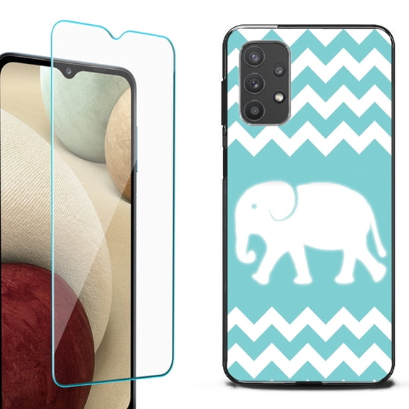 Slim-Fit Flexible TPU Gel Phone Case (black) for Samsung Galaxy A32 5G, with Tempered Glass Screen Protector, by OneToughShield ® - Chevron/Teal/Elephant