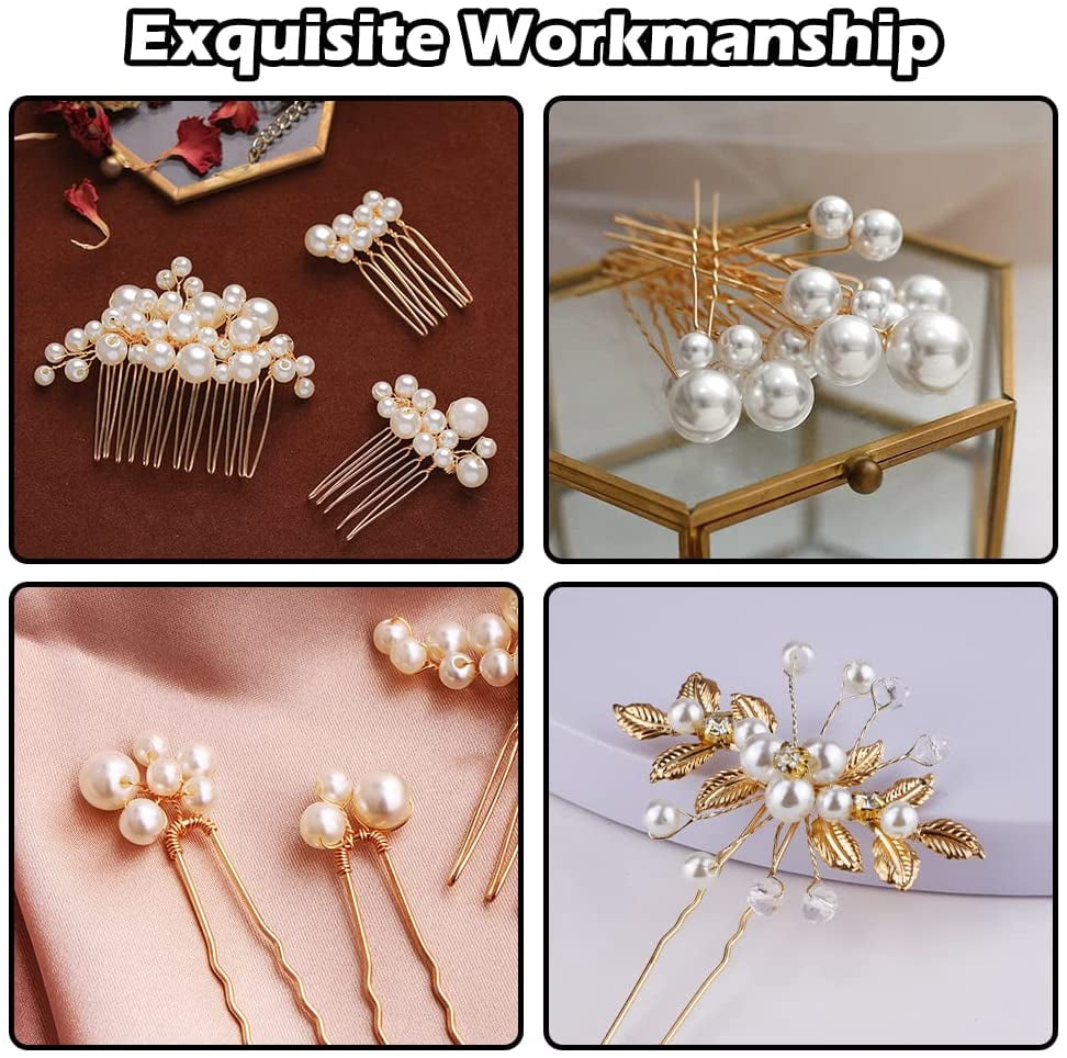 23Pcs Bridal Pearl Gold Hair Clips, STONCEL Wedding Flower Leaf Rhinestone Hair Pins, Bride Hair Combs Accessories U-shaped Hair Barrettes Headpieces for Bridesmaid Party Women Girl