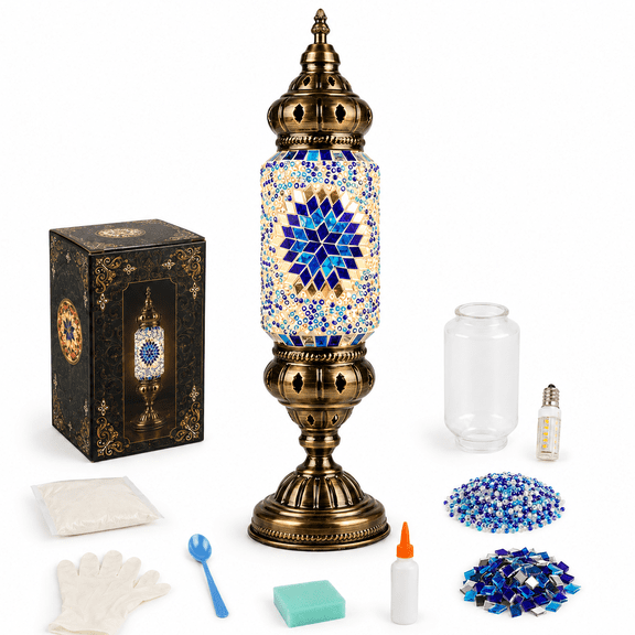 MEHOOM DIY Mosaic Lamp Kit, Turkish Crafts Kit for Adults, Luxury Moroccan-style Decor, Table Lamp for Bedroom Ambiance, Perfect Gift for Her or Him (Serenity Blue)