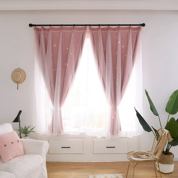 Star Cutout Blackout Curtains for Kids Girls Bedroom - Double Layer of Fabric & Tulle Star Cut Out Sparkle Gradient Stripe Window Curtains, 1 Panel