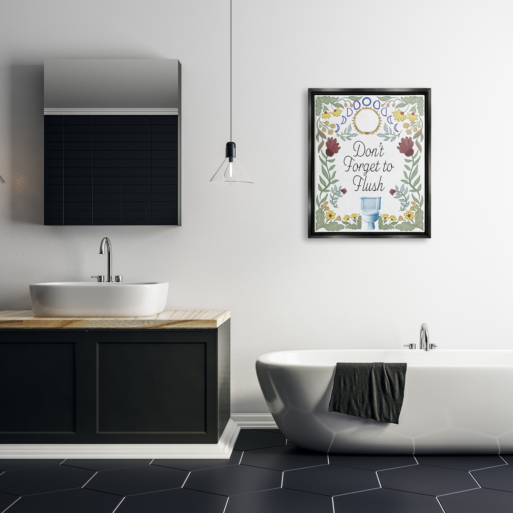 Stupell Industries Floral Bathroom Phrase Typography Painting Black Floater Framed Art Print Wall Art, 25 x 31
