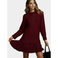 thumbnail image 4 of Robe Chandail en Tricot Torsadé pour Femmes, Col Ras du Cou, Manches Longues, Mini-Robe Plissée, Style Deux-en-un, Robe Patchwork, Rouge Vin, P, 4 of 7