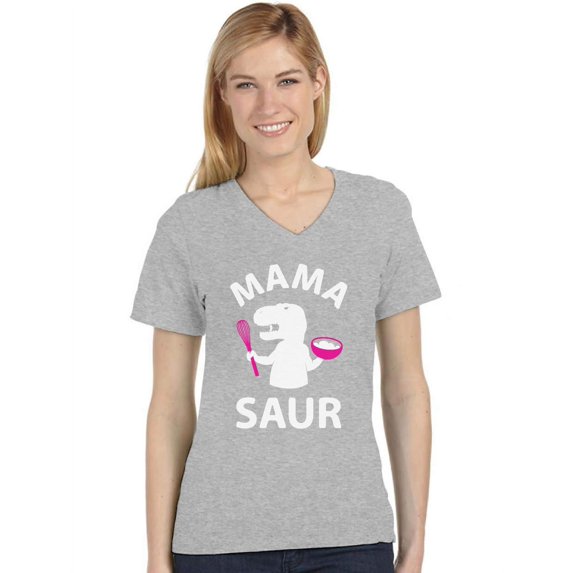 Tstars Womens Best Gift for Mother's Day Shirts Tshirt Mama Saur Shirt T Rex Cool Cute Gift for Mom Shirt for Mom Funny Humor Mothers Day Gift V Neck Women T Shirt