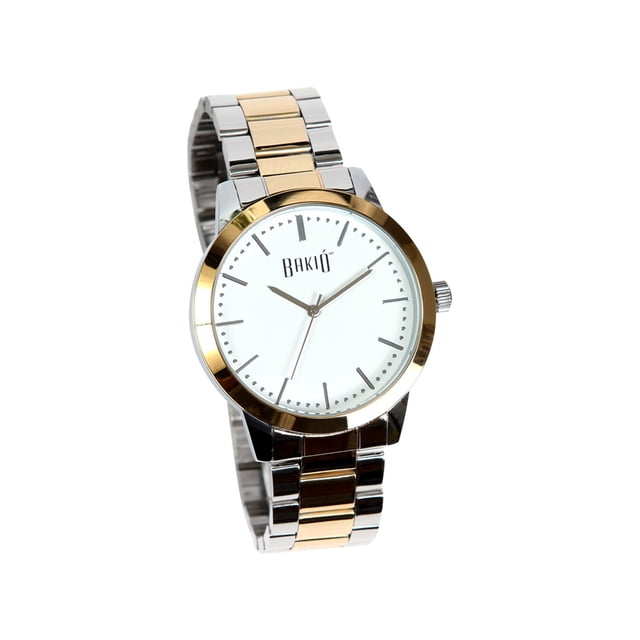 reloj de pulso para hombre Reloj ejecutivo bi-tono línea Bakió en acero inoxidable con maquinaria Miyota 2035; carátula blanca, bisel dorado y brazalete de eslabones plateado y dorado, marcadores lineales y corona lateral; vista frontal en ángulo, incluye estuche; también apto como reloj de vestir para viaje.