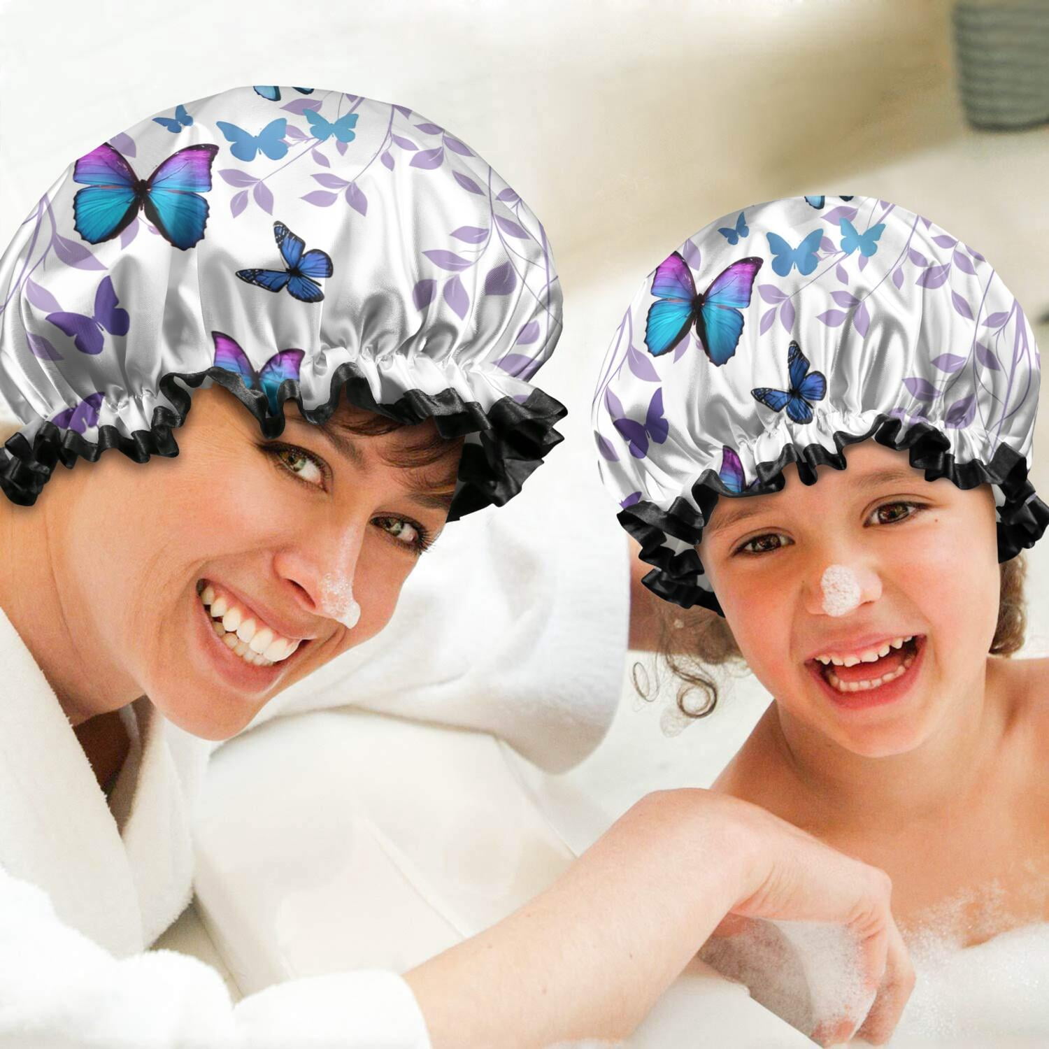 Shower Caps,Purple Leaf Butterfly Pattern Waterproof Shower Cap for Women 4 Pieces,Double Reusable Hair Cover for Shower PEVA Elastic Stretch Hem