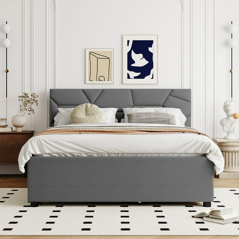 Queen Size Upholstered Platform Bed with Brick Pattern Headboard, with Twin  XL Size Trundle and 2 drawers, Linen Fabric, Gray