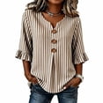 thumbnail image 3 of GERsome Women's V-Neck Button-Down Shirts with Ruffled 3/4 Sleeve Loose Fit Casual Striped Tops Khaki 2XL, 3 of 5