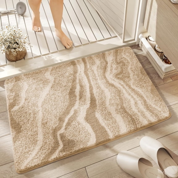 Non-Slip Microfiber Bath Mat, Flocking Marble Pattern, Super Absorbent Chenille Rug, Machine Washable Bathroom Floor Mat for Bathtub & Kitchen, 20x31 Inch, Khaki