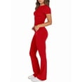 thumbnail image 2 of Women's 2-Piece Lounge Set with Ruched Short Sleeve Top and High-Waist Wide Leg Pants Red XXS, 2 of 9