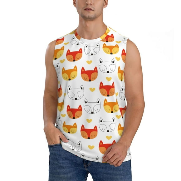 Fotbe Cute Fox with Heart Men's Camiseta sin Mangas Estampada para Hombres, Playera Casual para Gimnasio, Entrenamiento, Playa-Small
