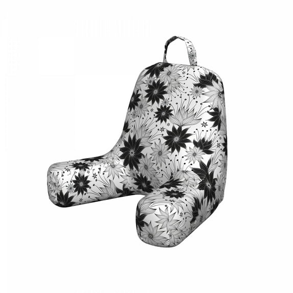 Black and White Reading Pillow, Vintage Flower with Blooming Petals Ornamental Botanical Garden Design, Bedrest Cushion with Back Pocket and Washable Cover, 2 Sizes, by Ambesonne