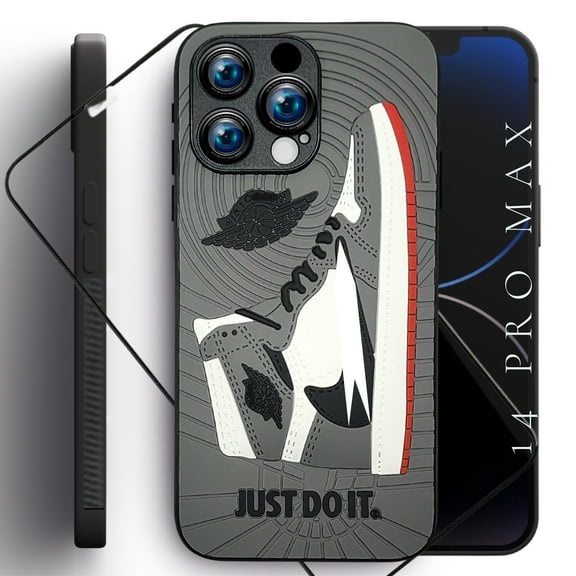 QuAngy Assureify Case for iPhone 14 Pro Max – 3D Sneaker Shoe Design, Gray TPU Fashion Case, Rugged Shockproof Bumper, 360° Full Protection with Screen Protector