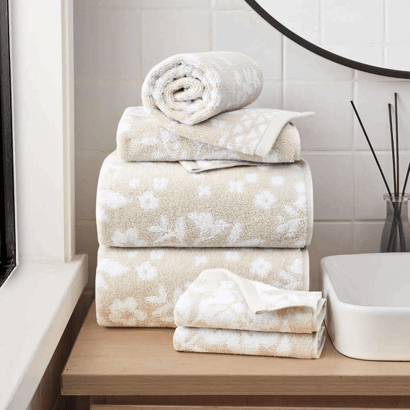 6 Piece Bath Towel Set in Beige Taupe with Floral Design