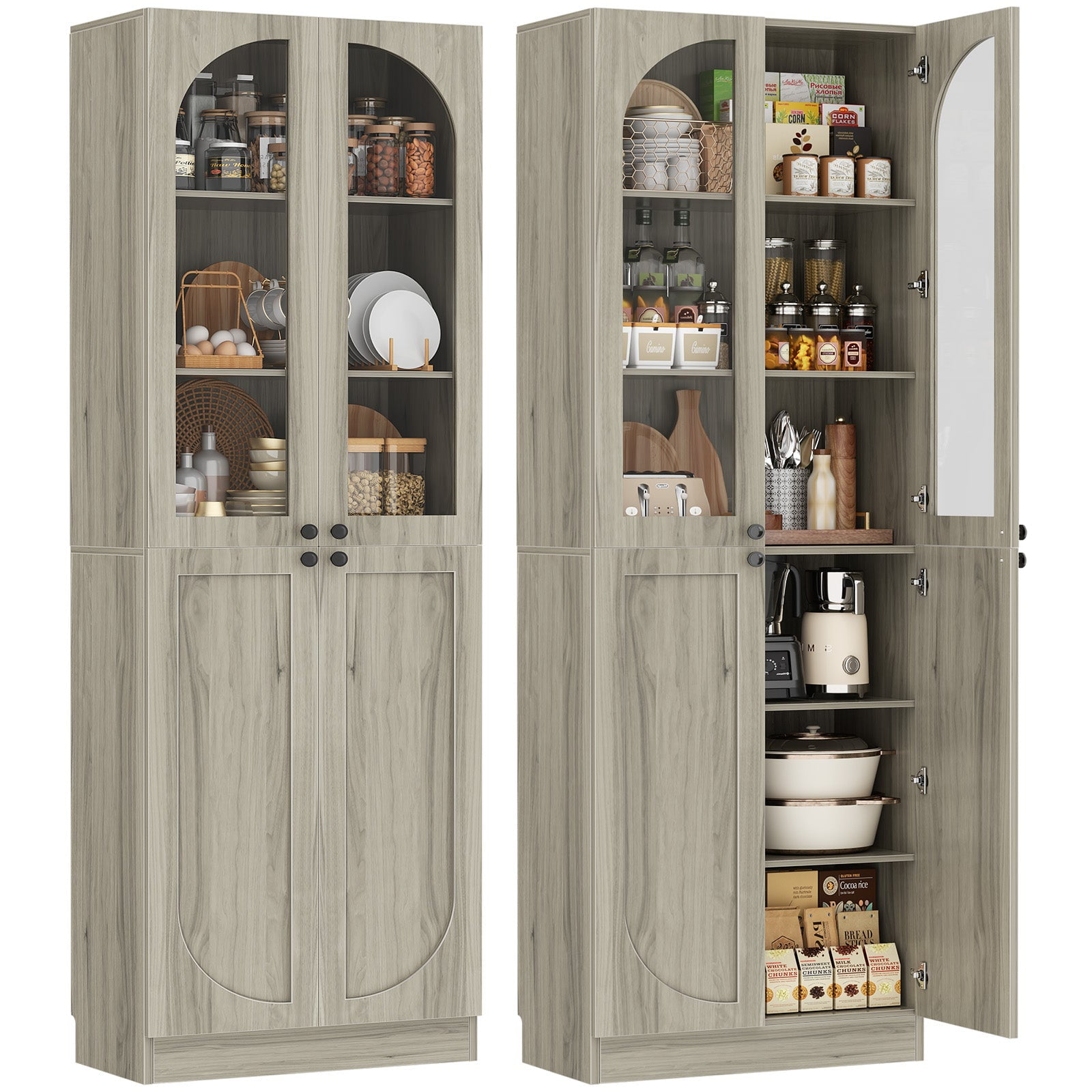 Homieasy 80'' Tall Pantry Storage Cabinet with Glass Doors, 6-Tier Floor Standing Cupboard with Adjustable Shelves for Kitchen, Dining Room, Wash Gray