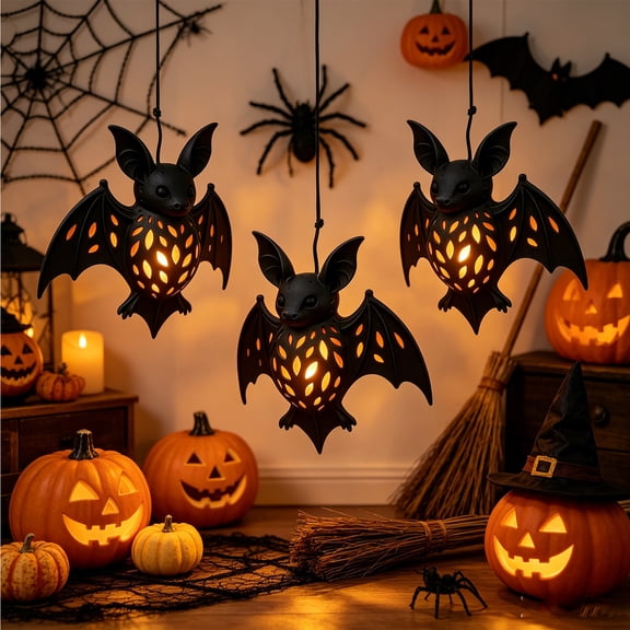 Halloween Black Bat Hanging Lantern Light, Hollow Cutout Bat LED Pendant Lamp, Battery Operated Spooky Wall Hanging Decor for Front Door Window Mantel Indoor Halloween Party Home Decor