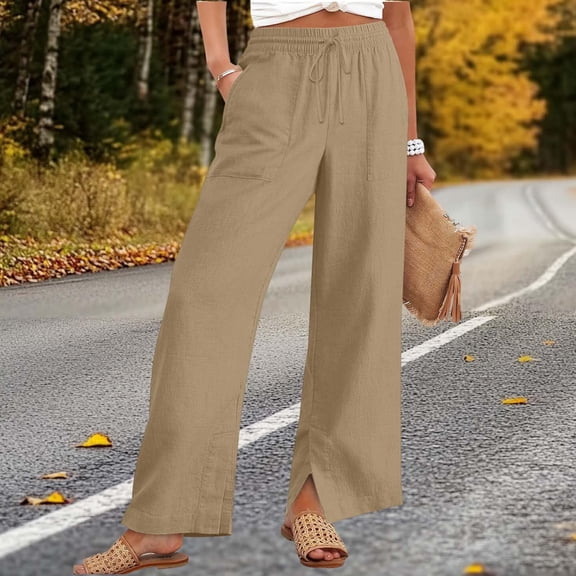 Cotton Linen Pants for Women Summer Wide Leg Drawstring High Waisted Split Ankle Palazzo Pants with Pockets Khaki S